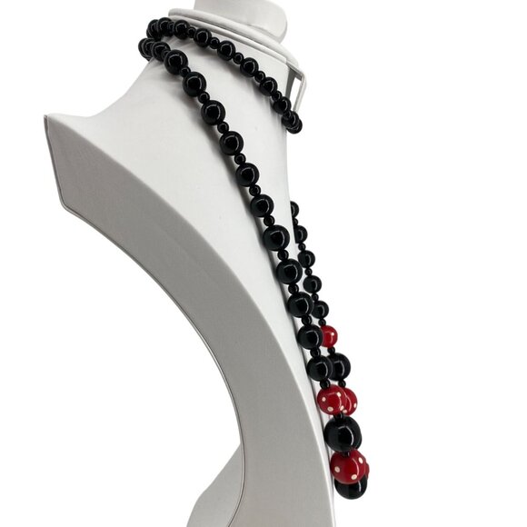 Statement Art Deco Black & Red Polka Dot Graduated Wooden Bead Necklace 44" Long - Picture 2 of 4
